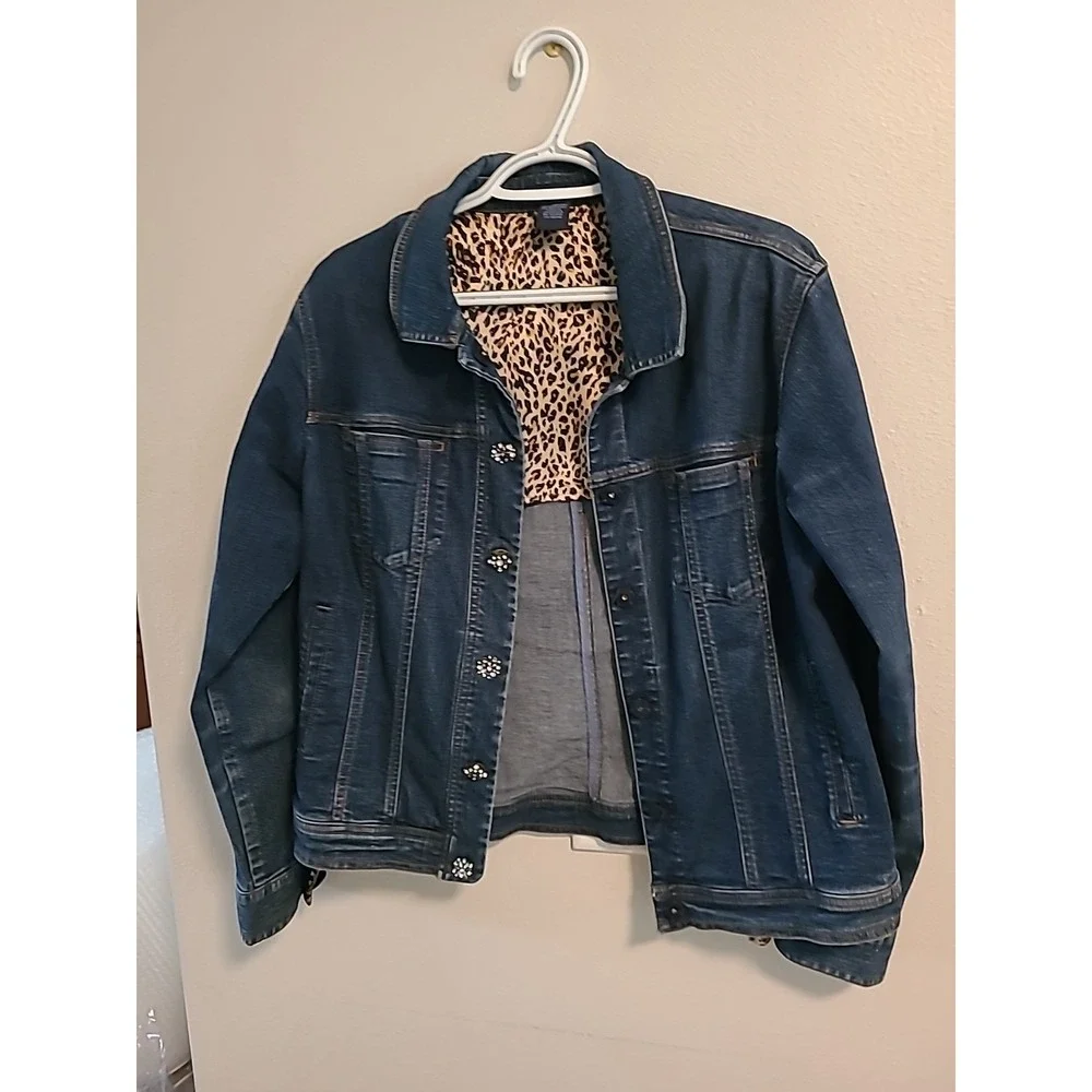 Westbound Vintage Dark Wash Jean Jacket Rhinestone Buttons Women 8‎ Animal Print